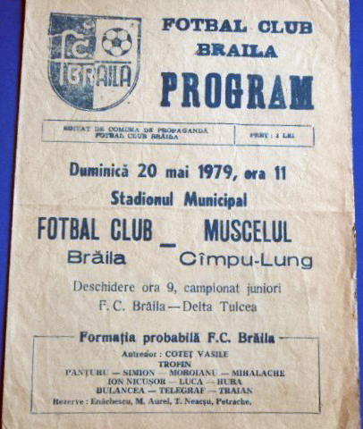 Program FC Braila - Muscelul Campu-Lung20 mai 1979