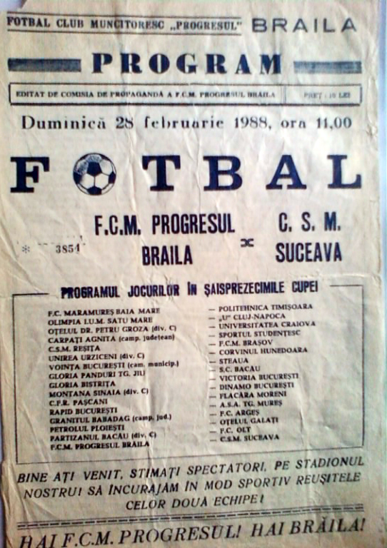 Program FCM Progresul Braila - CSM Suceava 28 februarie 1988
